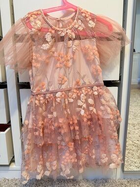 Self-Portrait Girls Pink Peach Floral Tulle Party Dress